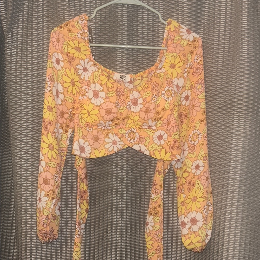 Yellow and Pink Flutter Sleeve Crop Top with Tie Front